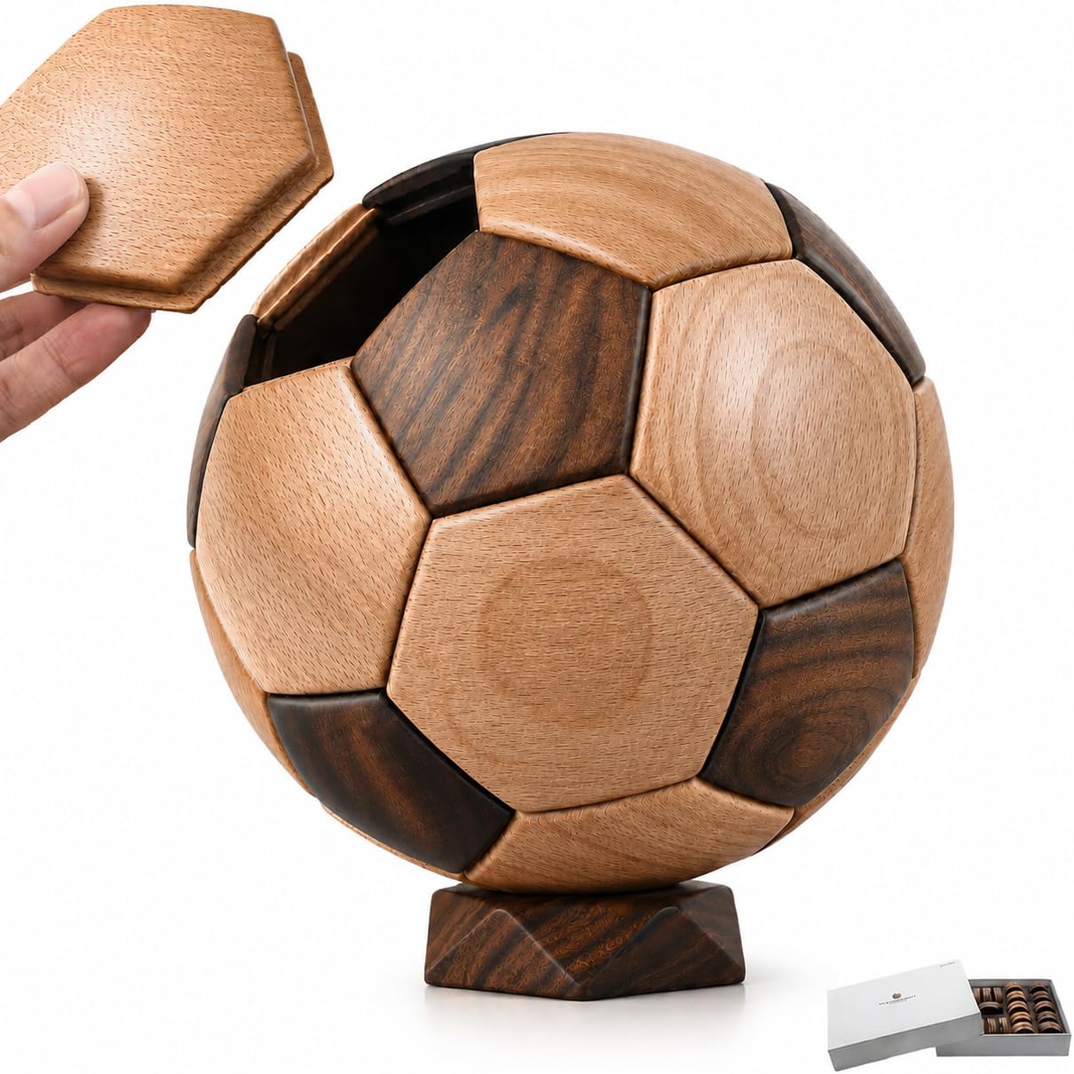 Walnut and beech wooden soccer ball puzzle