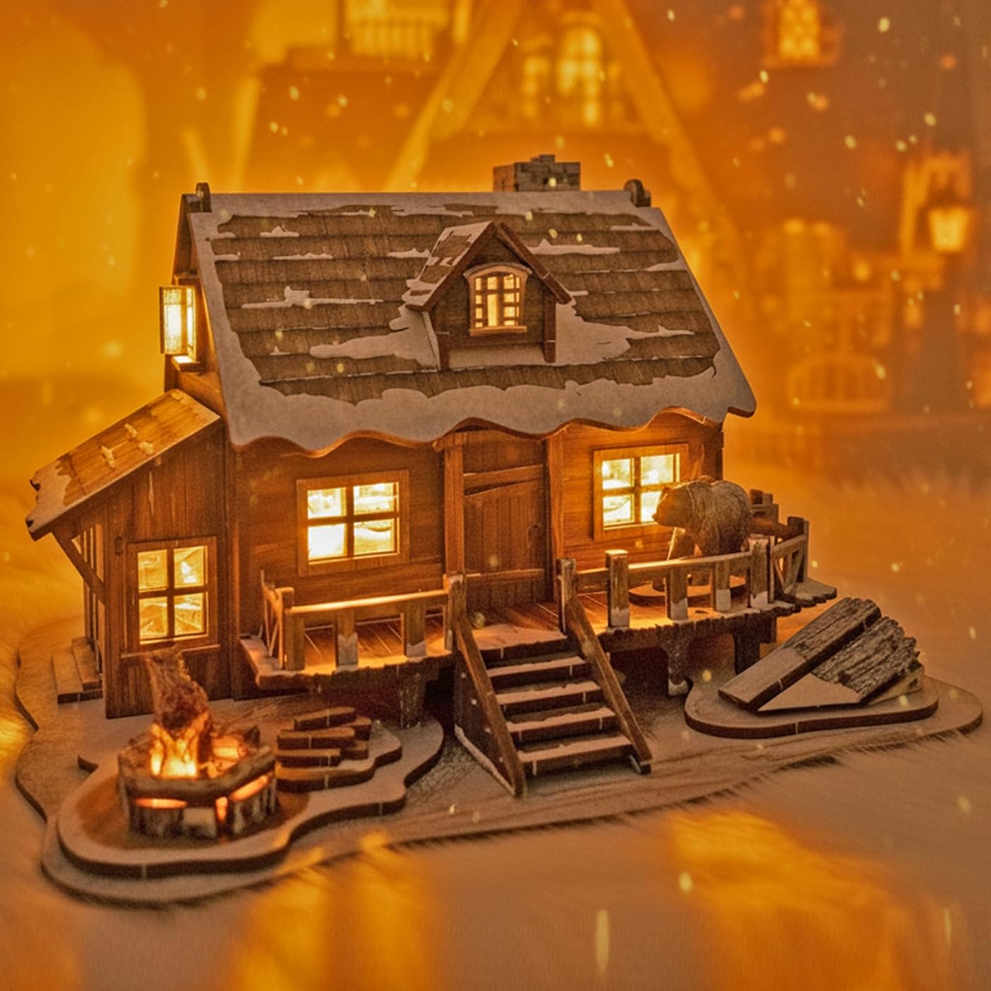 Astshun&co Winter Cabin wooden puzzle model with snow-covered roof and woodland details